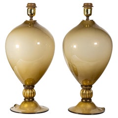 Pair Veronese Classic Shape Table Lamps Blown Murano Sand Colour Gold Dust 