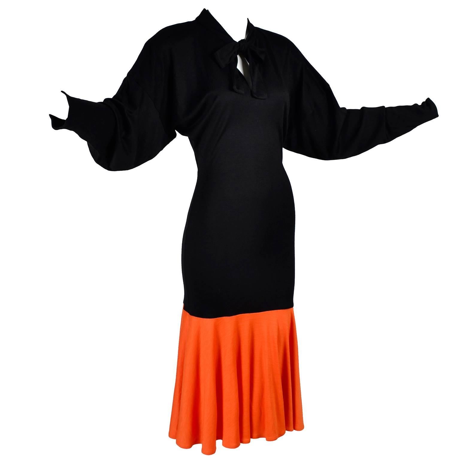 80s Patrick Kelly Dress Vintage Color Block Orange & Black Jersey w/ Flounce Hem In Excellent Condition In Portland, OR