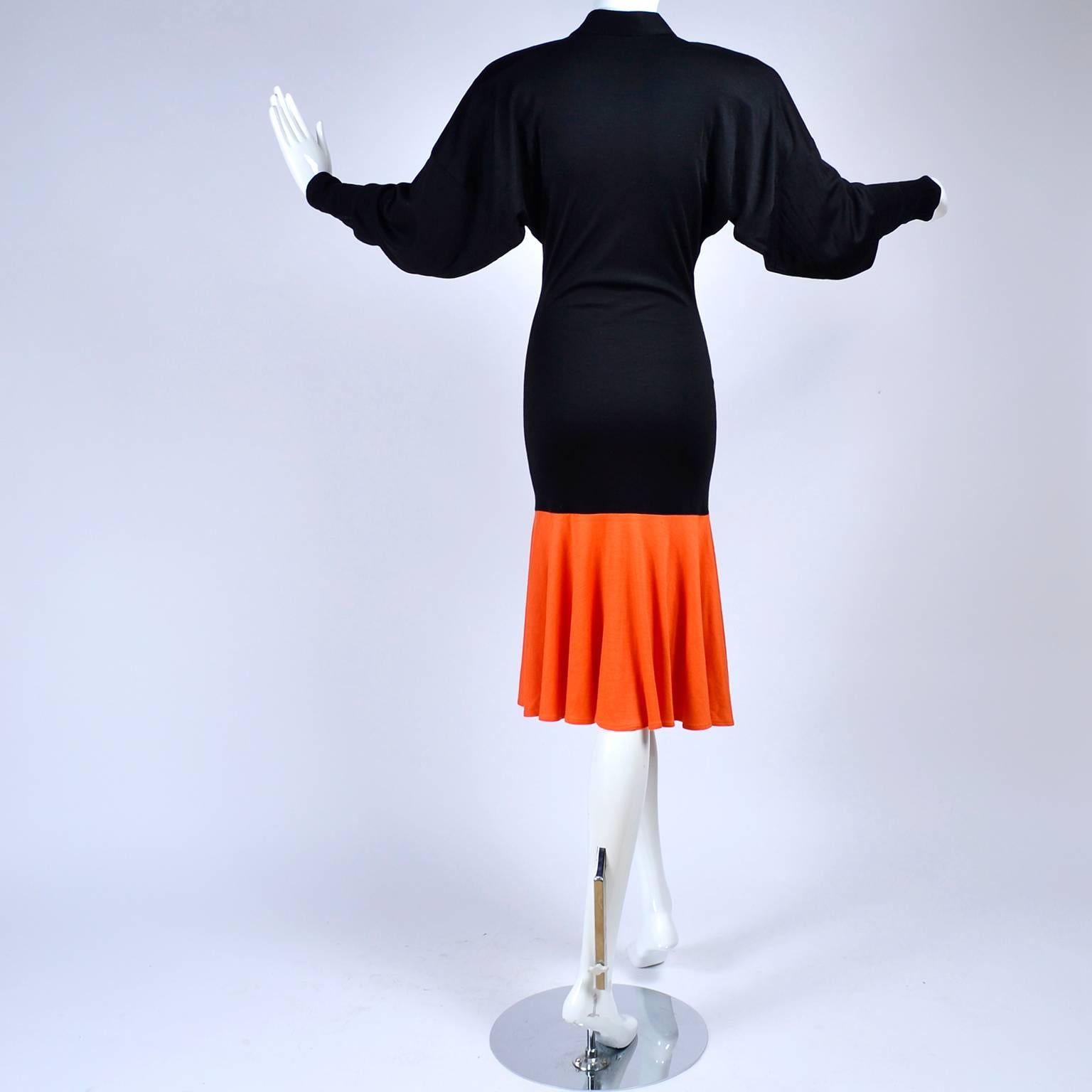 Women's 80s Patrick Kelly Dress Vintage Color Block Orange & Black Jersey w/ Flounce Hem