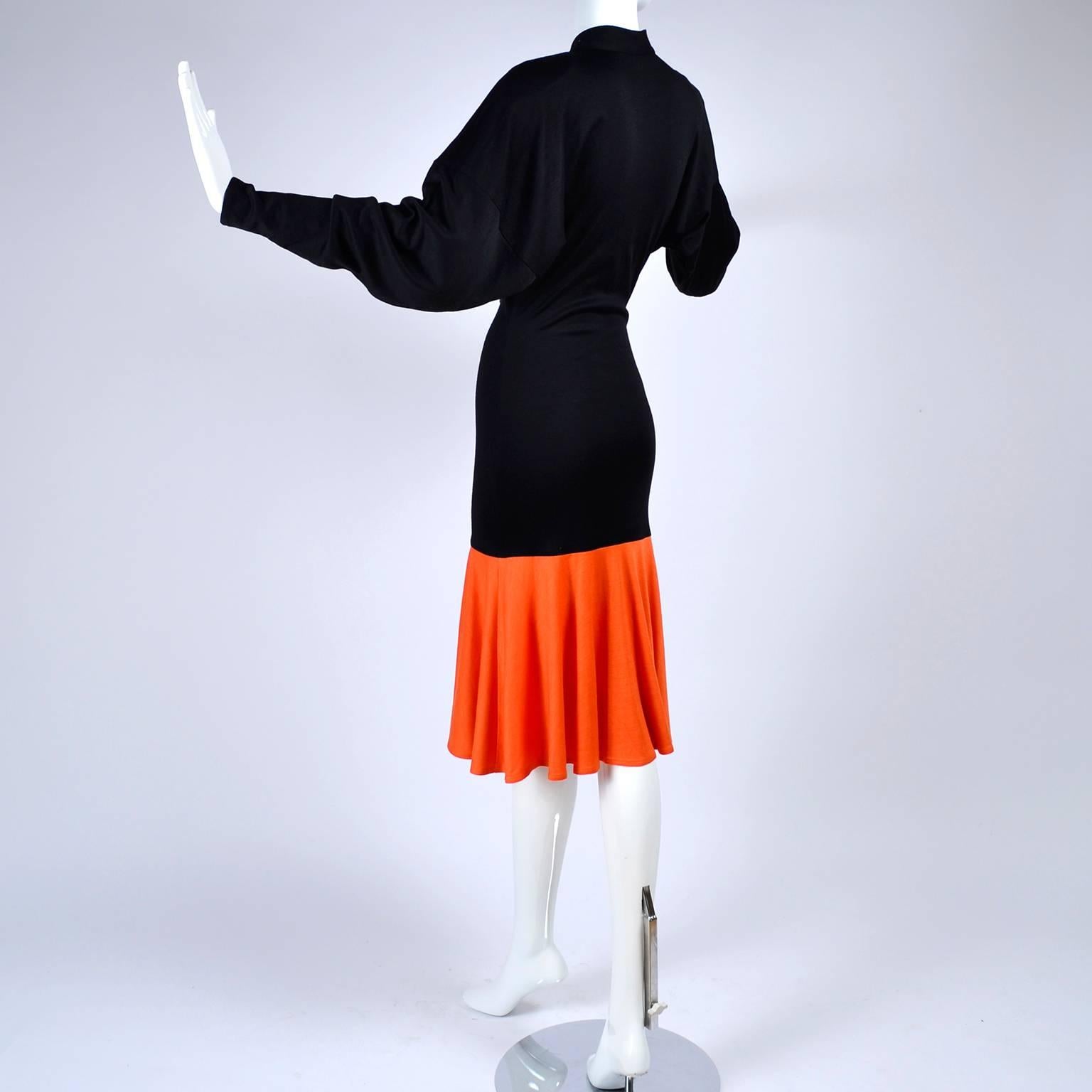 80s Patrick Kelly Dress Vintage Color Block Orange & Black Jersey w/ Flounce Hem 1