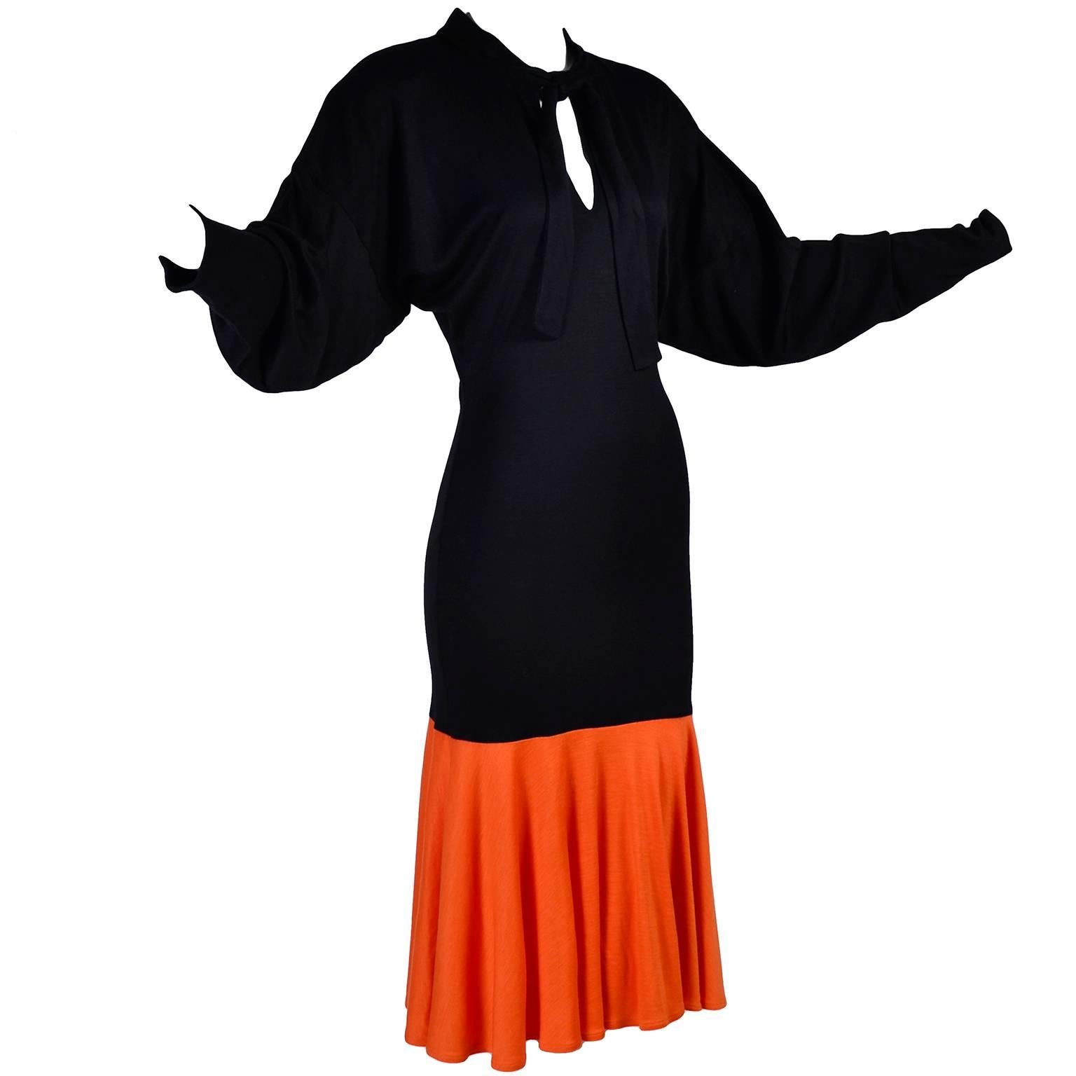 80s Patrick Kelly Dress Vintage Color Block Orange & Black Jersey w/ Flounce Hem