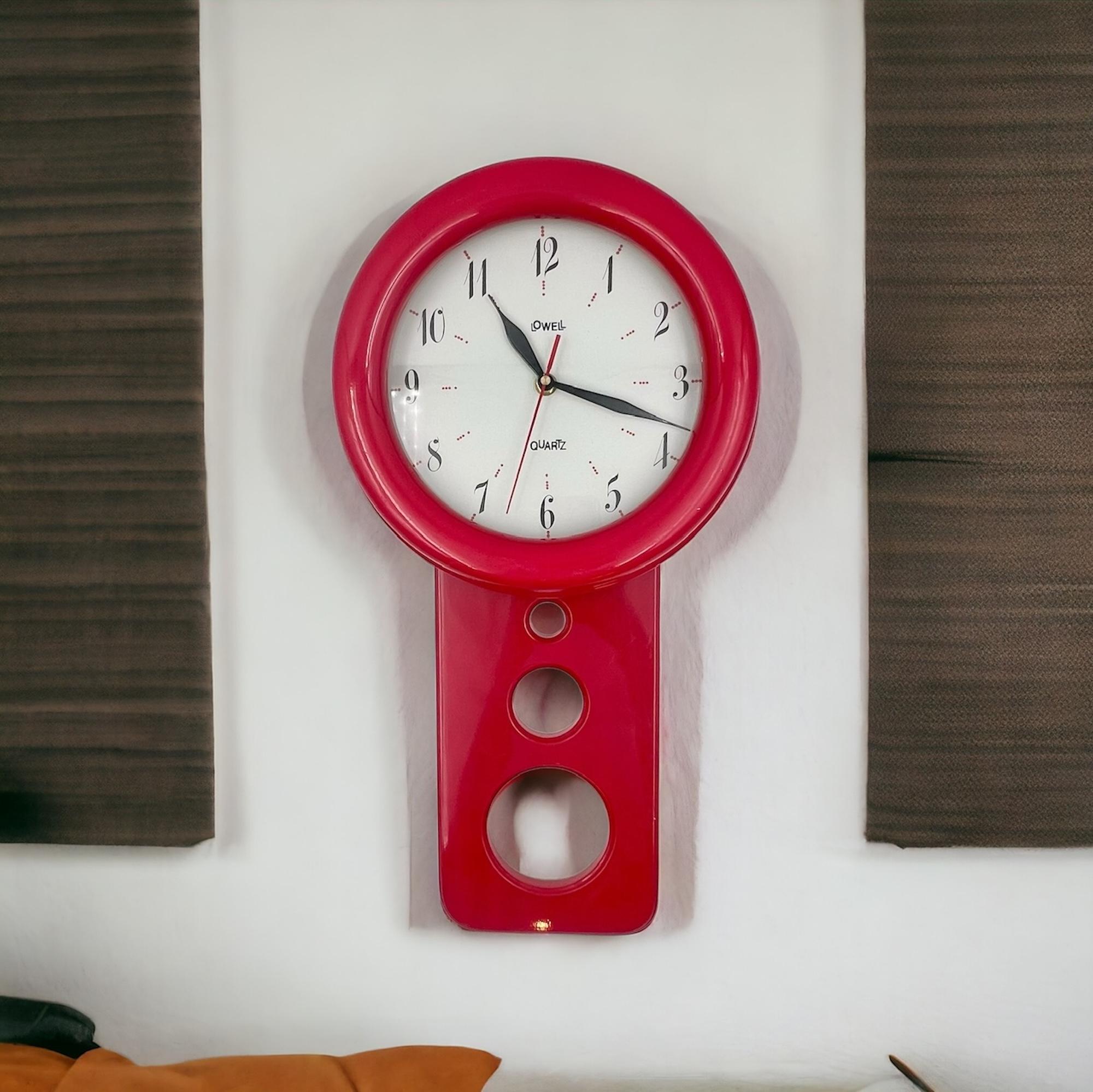 Mid-Century Modern 80s Pendulum Shape Large Wall Clock in Lacquered Red by Lowell Italy