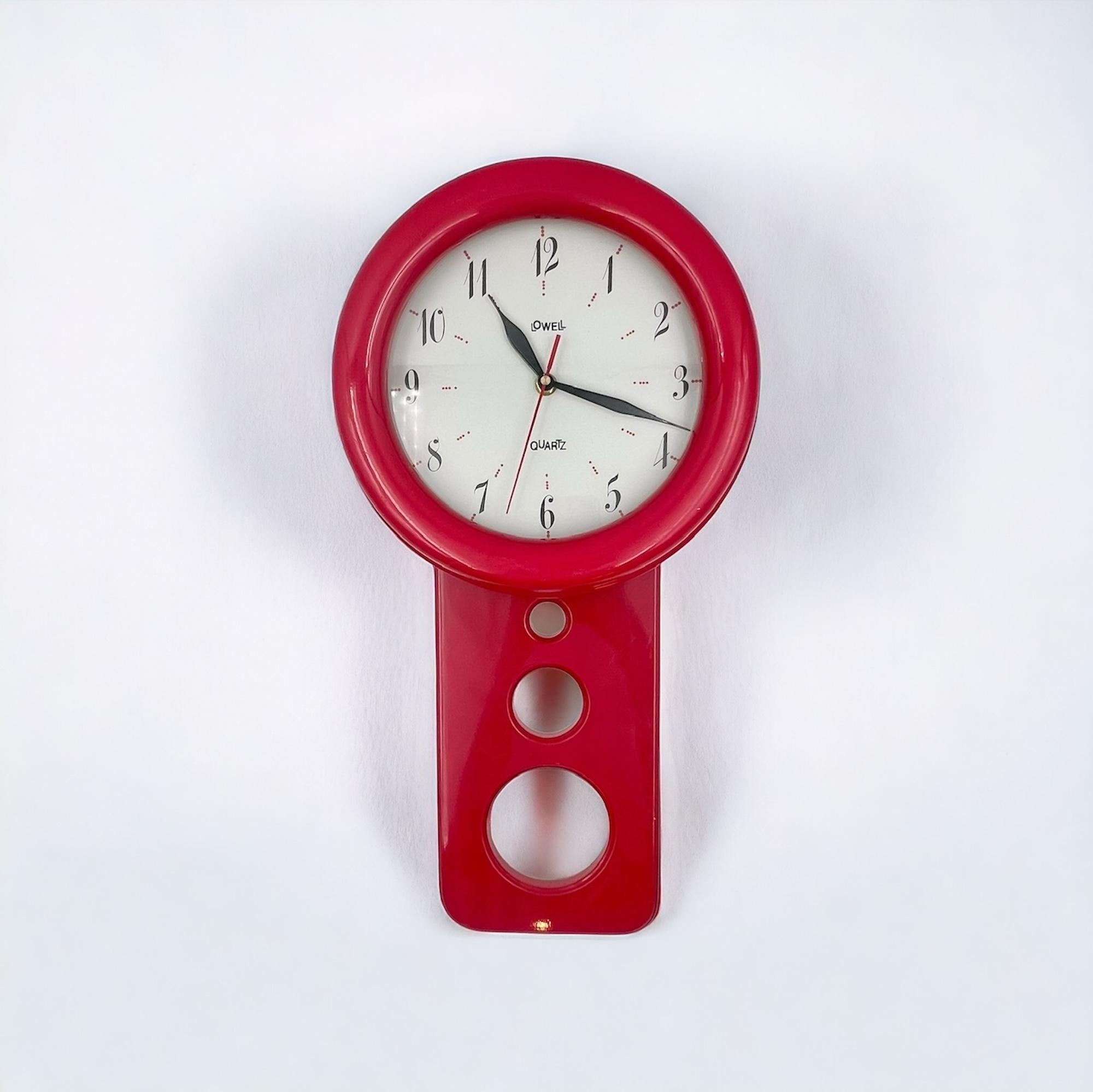 Italian 80s Pendulum Shape Large Wall Clock in Lacquered Red by Lowell Italy