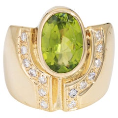 80s Peridot Diamond Cigar Ring Sz 7.5 Band Vintage 14k Yellow Gold Fine Jewelry
