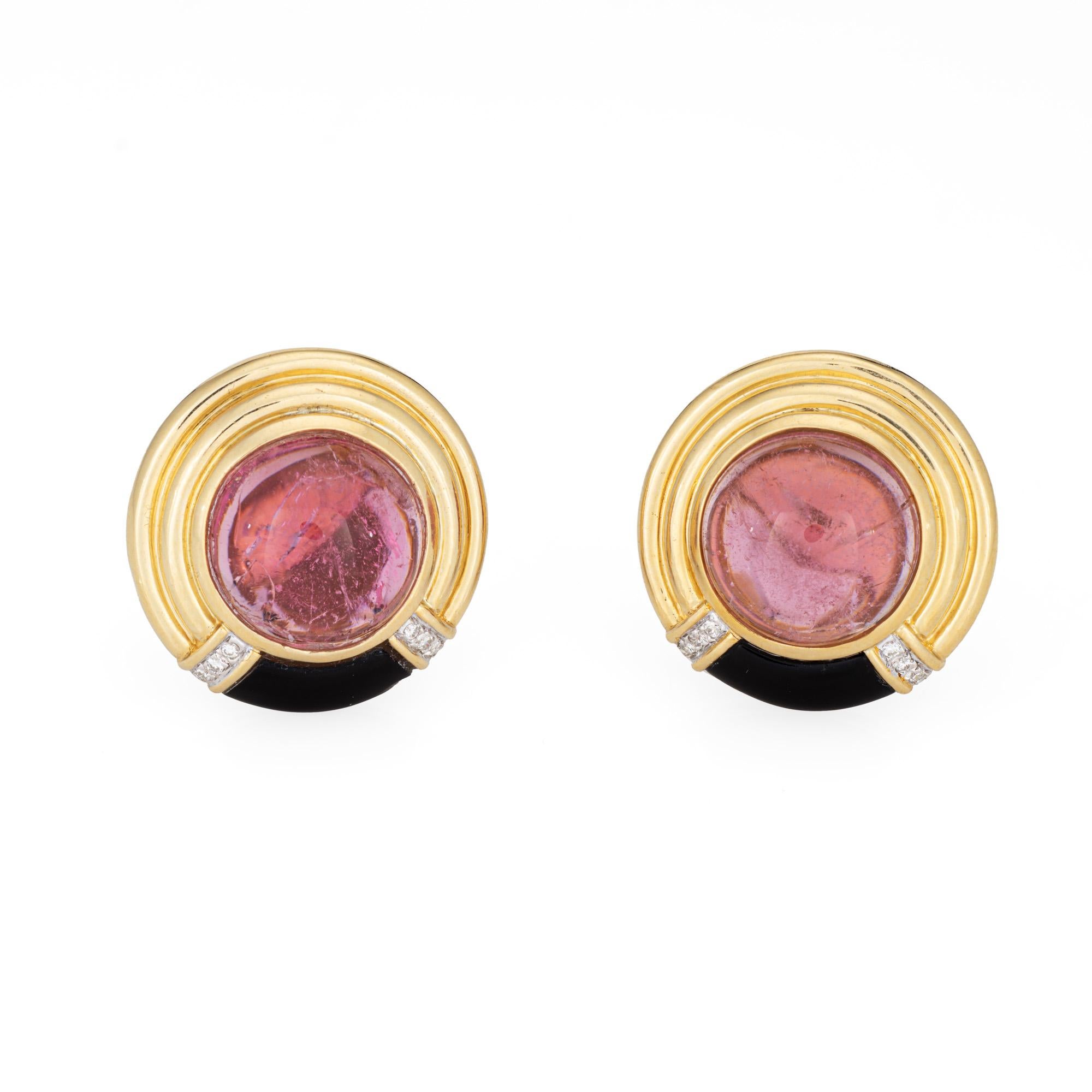 80er Jahre Rosa Turmalin Onyx Diamant-Ohrringe Vintage 18k Gold Runder feiner Schmuck (Cabochon) im Angebot