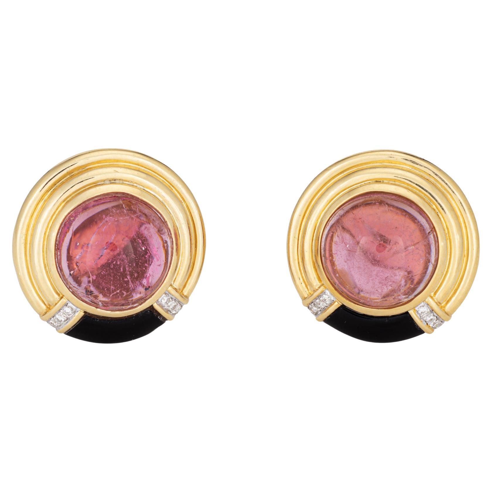 80s Pendientes Turmalina Rosa Onix Diamante Oro 18k Vintage Redondo Joyería Fina