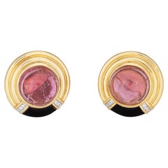 80er Jahre Rosa Turmalin Onyx Diamant-Ohrringe Vintage 18k Gold Runder feiner Schmuck