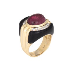 80s Pink Tourmaline Onyx Diamond Ring Sz 7.5 Vintage 18k Gold Fine Jewelry