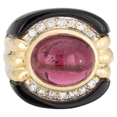 80s Pink Tourmaline Onyx Diamond Ring Sz 7.5 Vintage 18k Gold Fine Jewelry