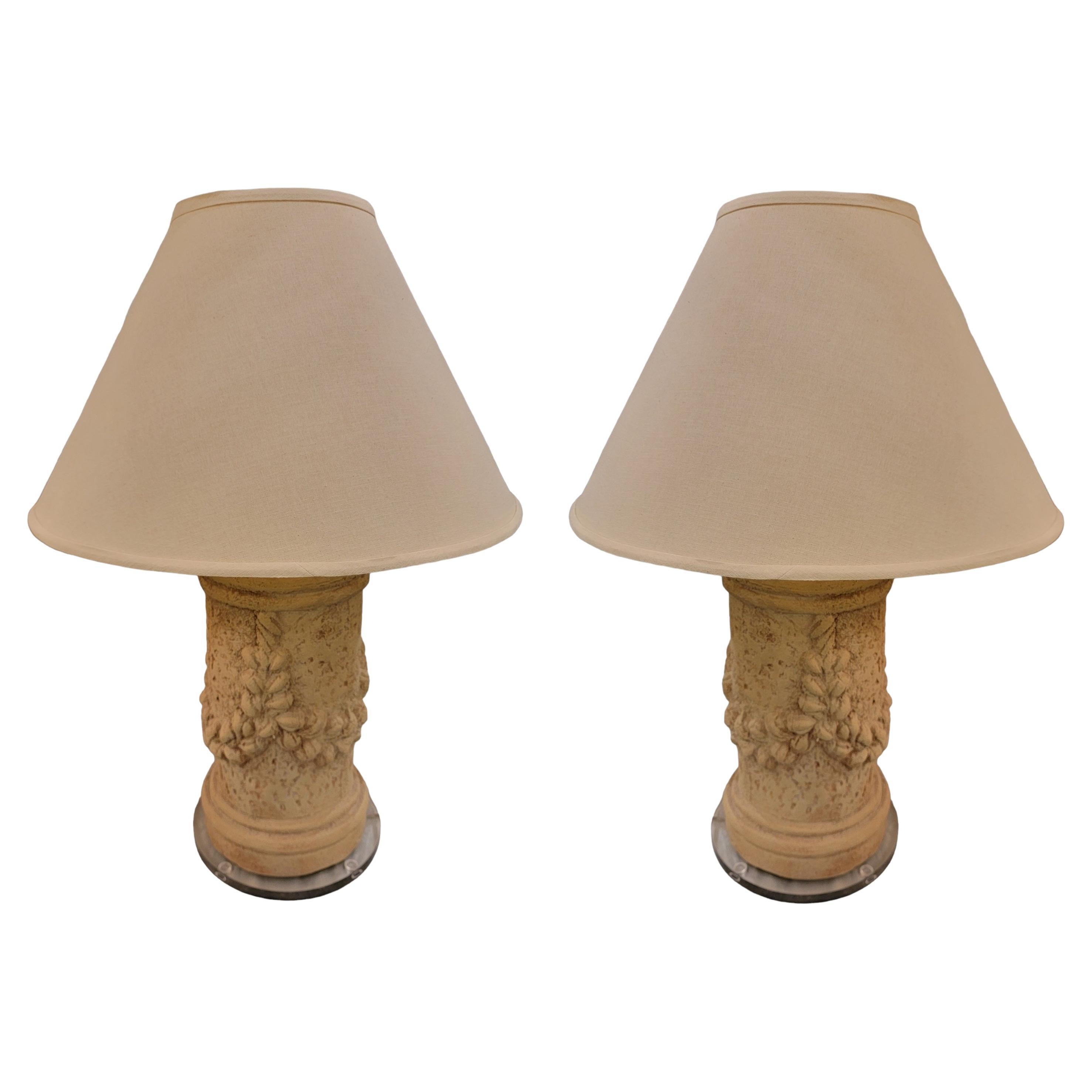 80s Porcelain Lucite Base Table Lamps with Linen Shades, a Pair