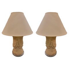 80s Porcelain Lucite Base Table Lamps with Linen Shades, a Pair