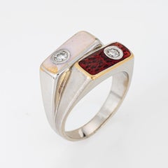 80s Portuguese Enamel Cube Ring 19k White Gold Double Band Sz 6 Fine Jewelry