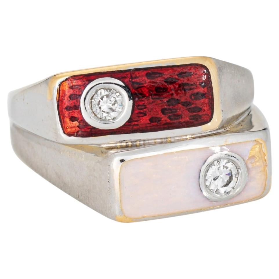 Portugiesischer Emaille-Würfelring aus den 80er Jahren, 19-karätiges Weißgold, Doppelband, Größe 6, edler Schmuck