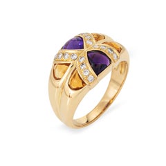 80s Portuguese Ring Amethyst Citrine Diamond 19k Yellow Gold Sz 6.5 Fine Jewelry