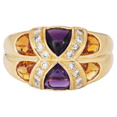 80s Portuguese Ring Amethyst Citrine Diamond 19k Yellow Gold Sz 6.5 Fine Jewelry