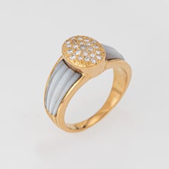 Anello portoghese degli anni '80 con diamante e madreperla scanalata, in oro giallo 19k, misura 6,5