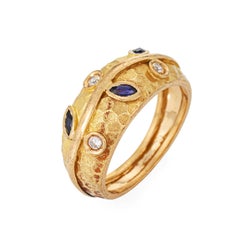 80s Portuguese Vine Leaf Ring 19k Yellow Gold Sapphire Diamond Band Sz 8.5