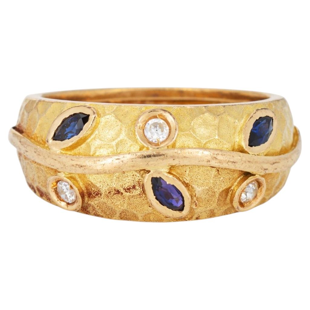 80s Portuguese Vine Leaf Ring 19k Yellow Gold Sapphire Diamond Band Sz 8.5