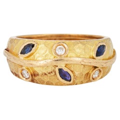 80s Portuguese Vine Leaf Ring 19k Yellow Gold Sapphire Diamond Band Sz 8.5