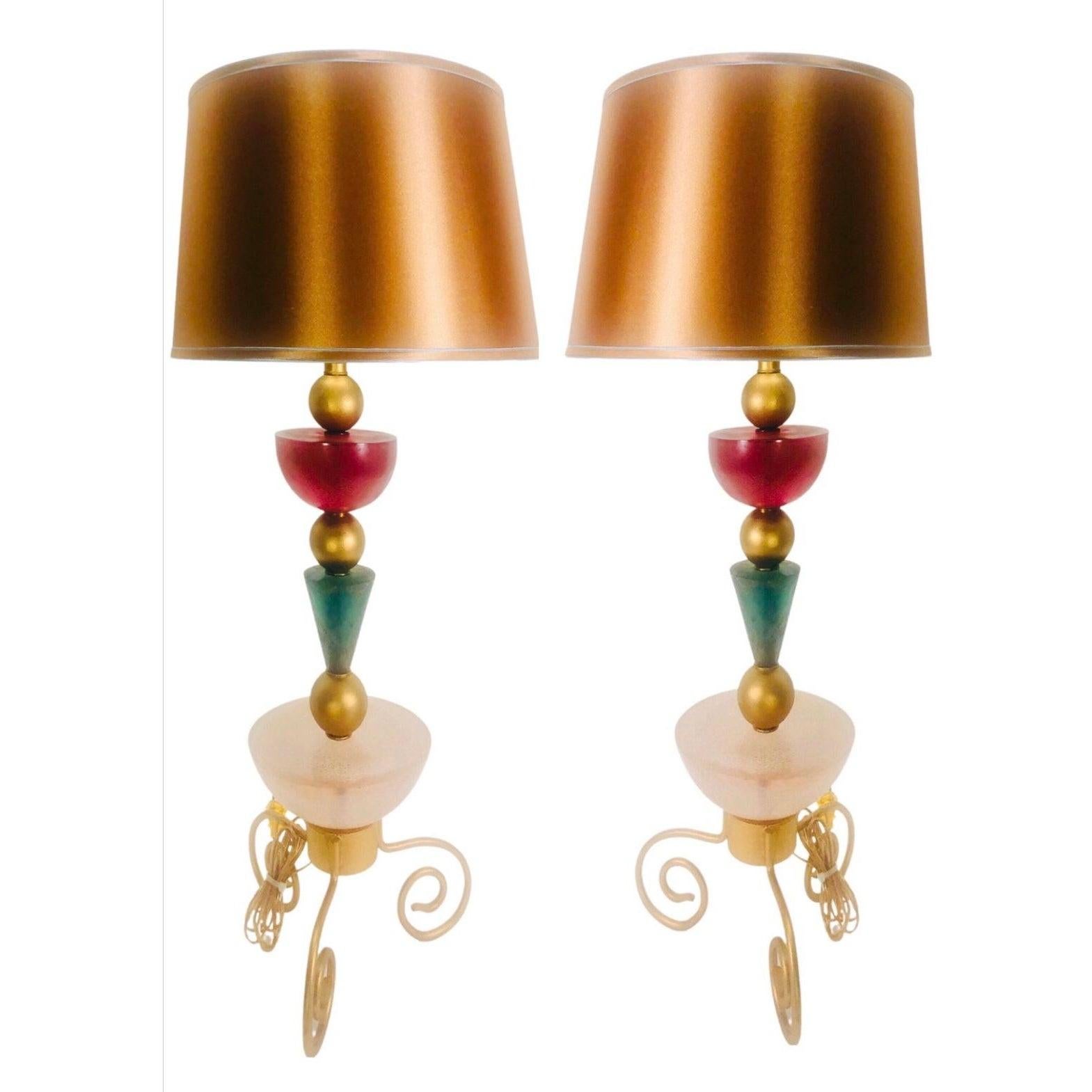 80s Very Rare Set of Vintage Postmodern Memphis Geometric Distressed Glass & Gold Leaf Designer Hivo Van Teal Table Lamps - a Pair

Extraordinary and Super Rare Pair of 80s Postmodern Glass and Iron, Stacked, Acid Washed, Distressed Table Lamps by