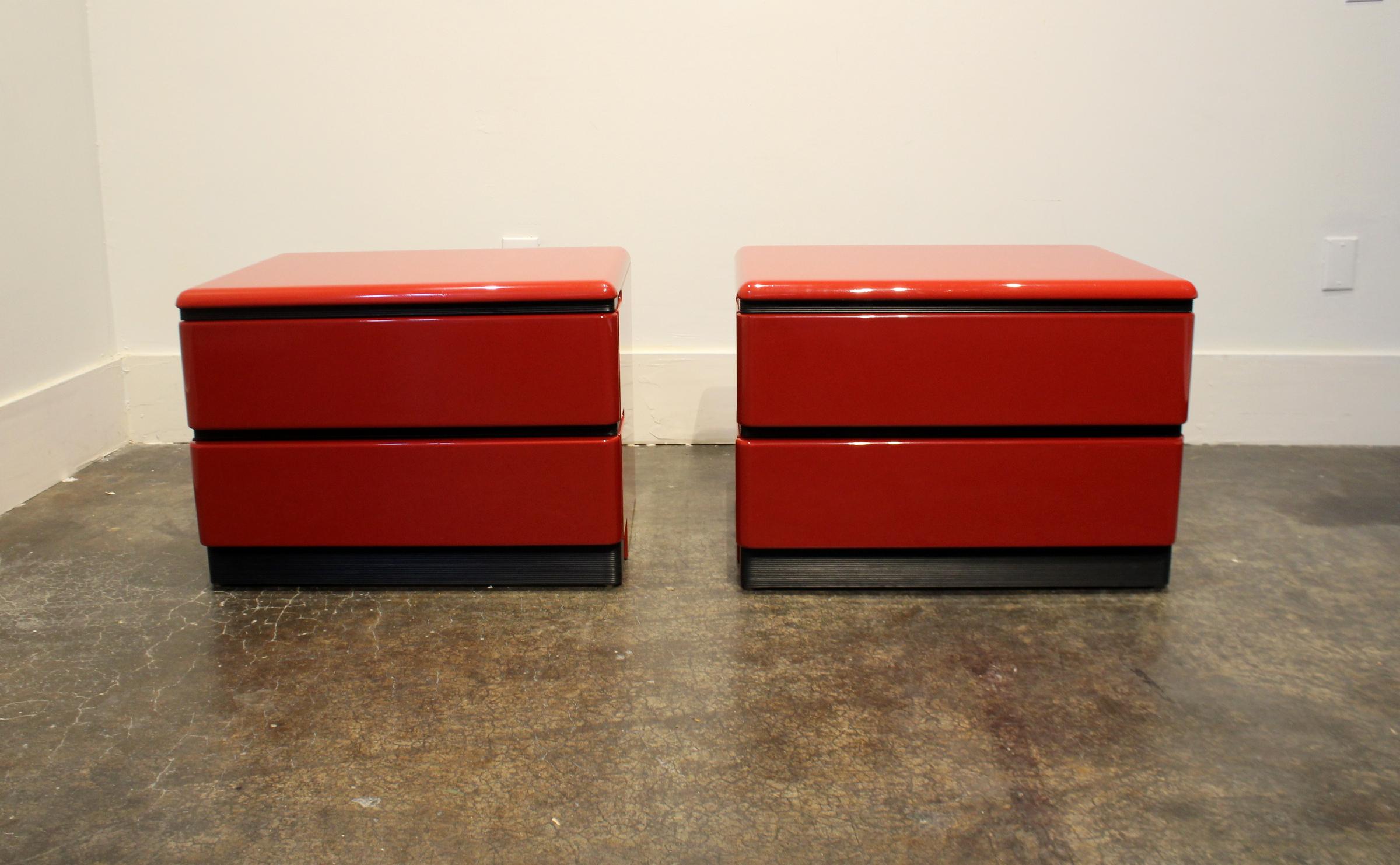 Modern 1980s Red Lacquered Nightstands by Roger Rougier