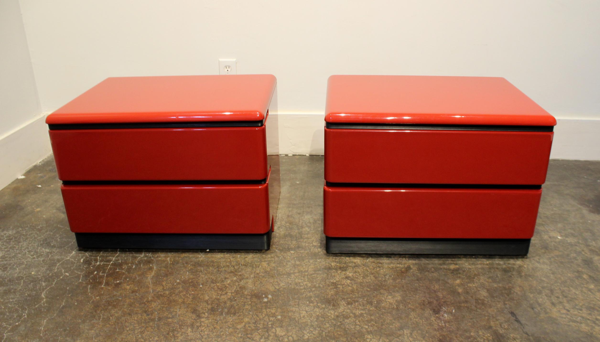 Canadian 1980s Red Lacquered Nightstands by Roger Rougier