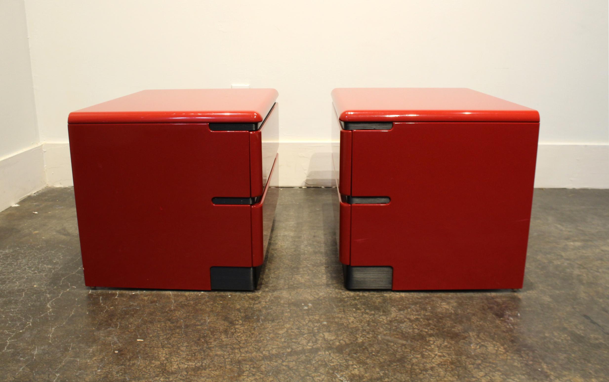 1980s Red Lacquered Nightstands by Roger Rougier 1