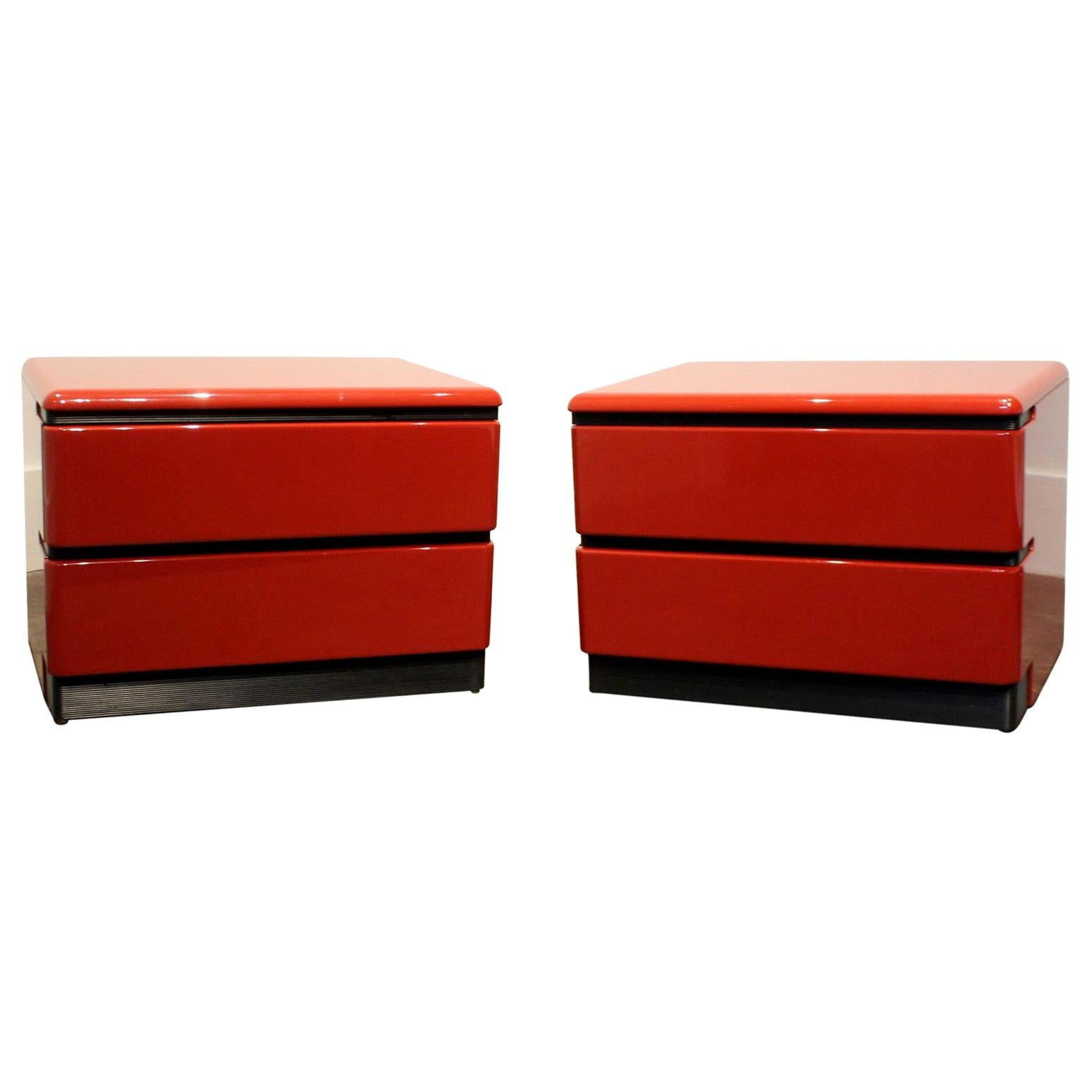 1980s Red Lacquered Nightstands by Roger Rougier