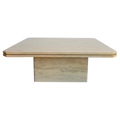 80s Roche Bobois Travertine and Brass Inlay Coffee Table