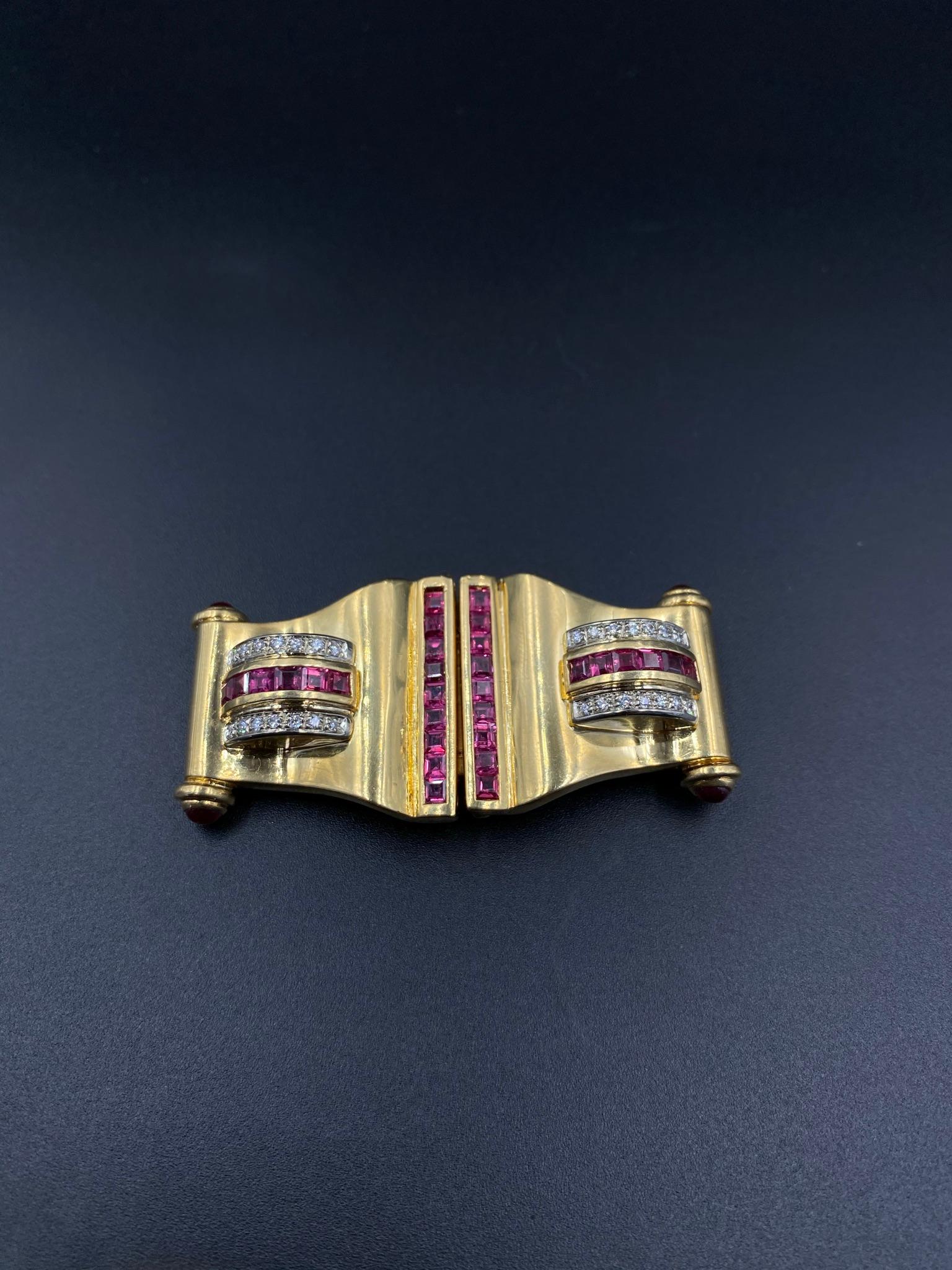 1980s Ruby and Diamond Brooch and Earring Set in 18K Gold with Baguette Diamonds In Excellent Condition In New York, NY