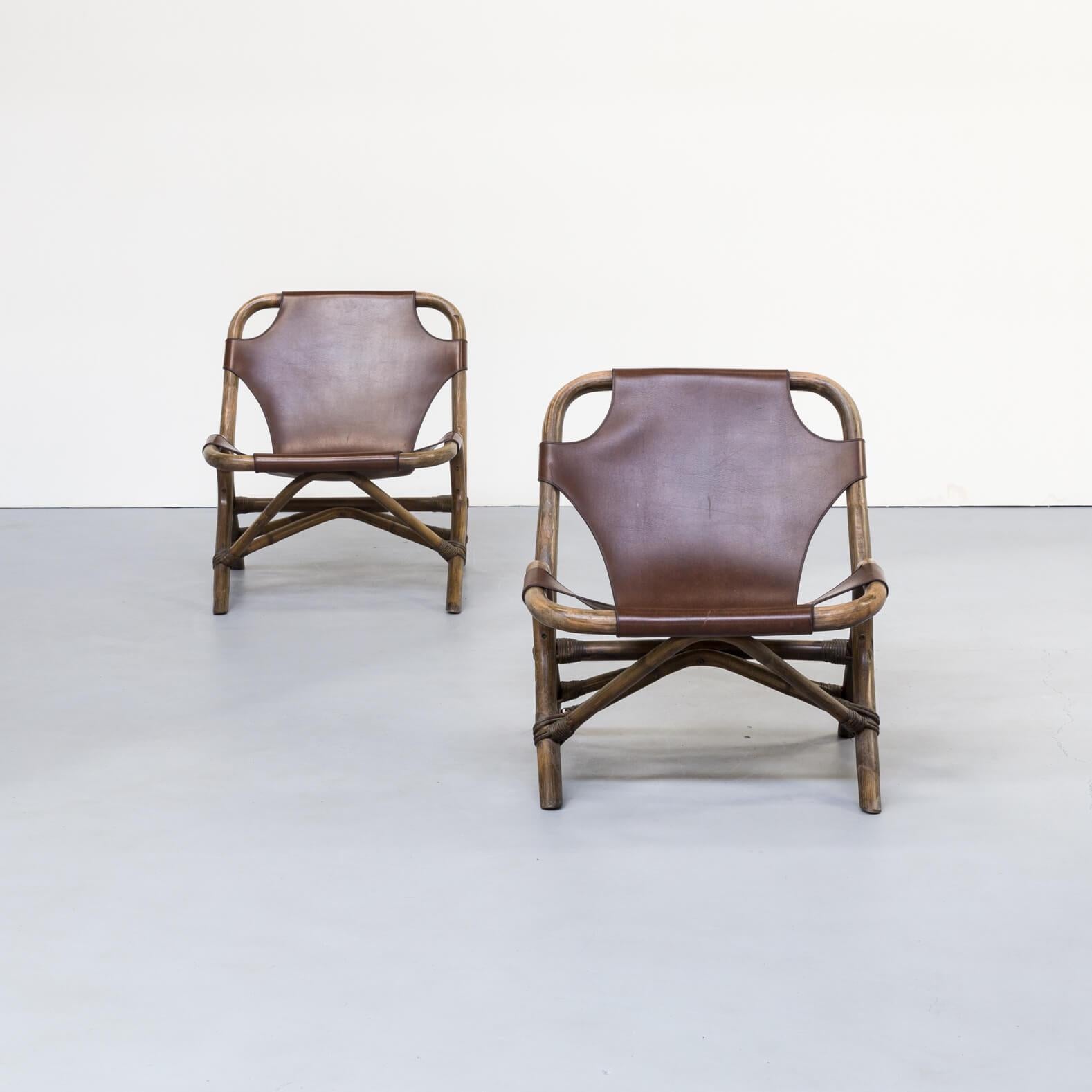 Late 20th Century 1980s Skai Leather Lounge Chairs, Bamboo Frame For Sale