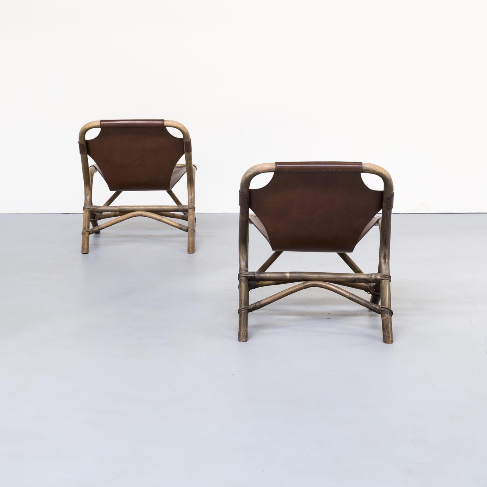1980s Skai Leather Lounge Chairs, Bamboo Frame For Sale 2