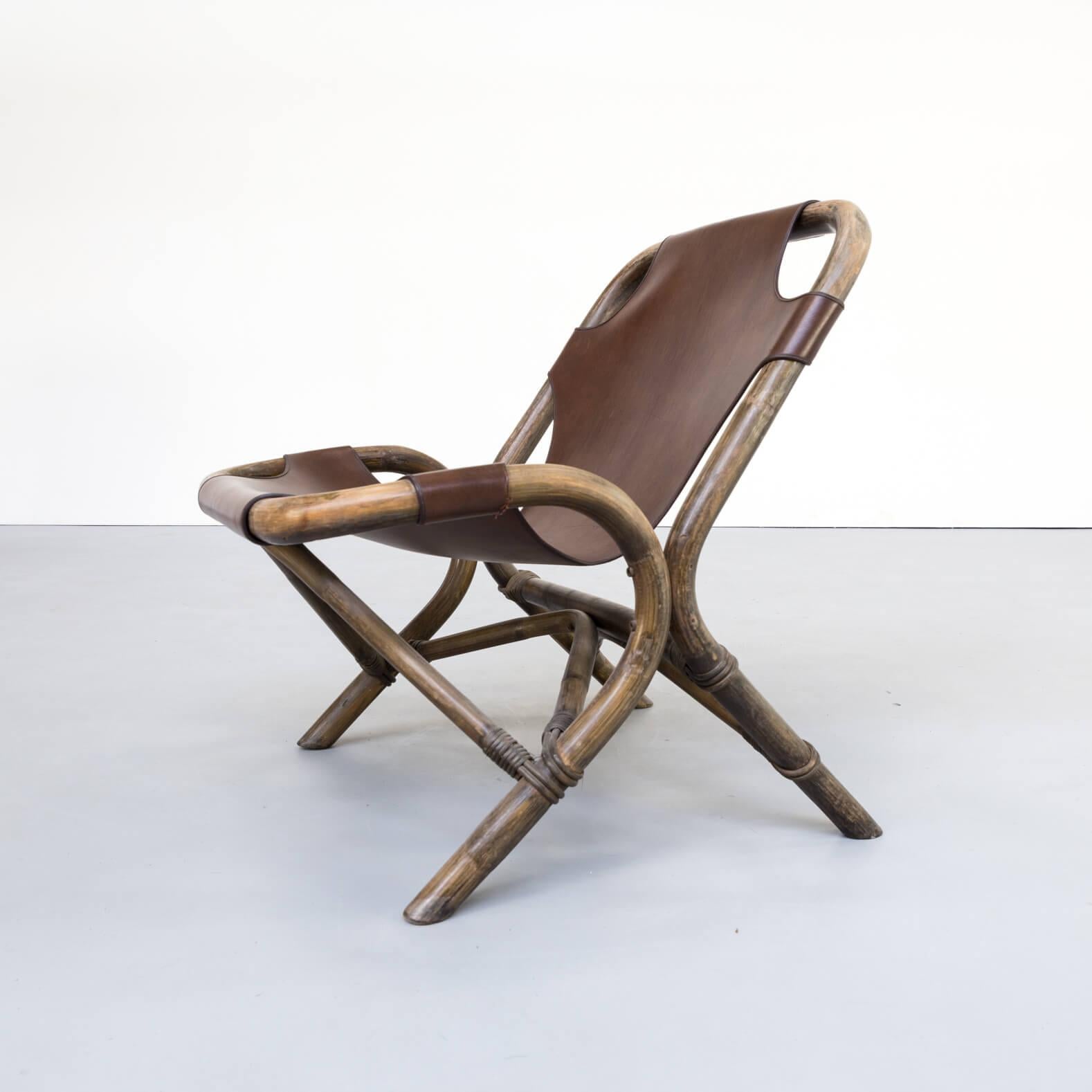 1980s Skai Leather Lounge Chairs, Bamboo Frame For Sale 4