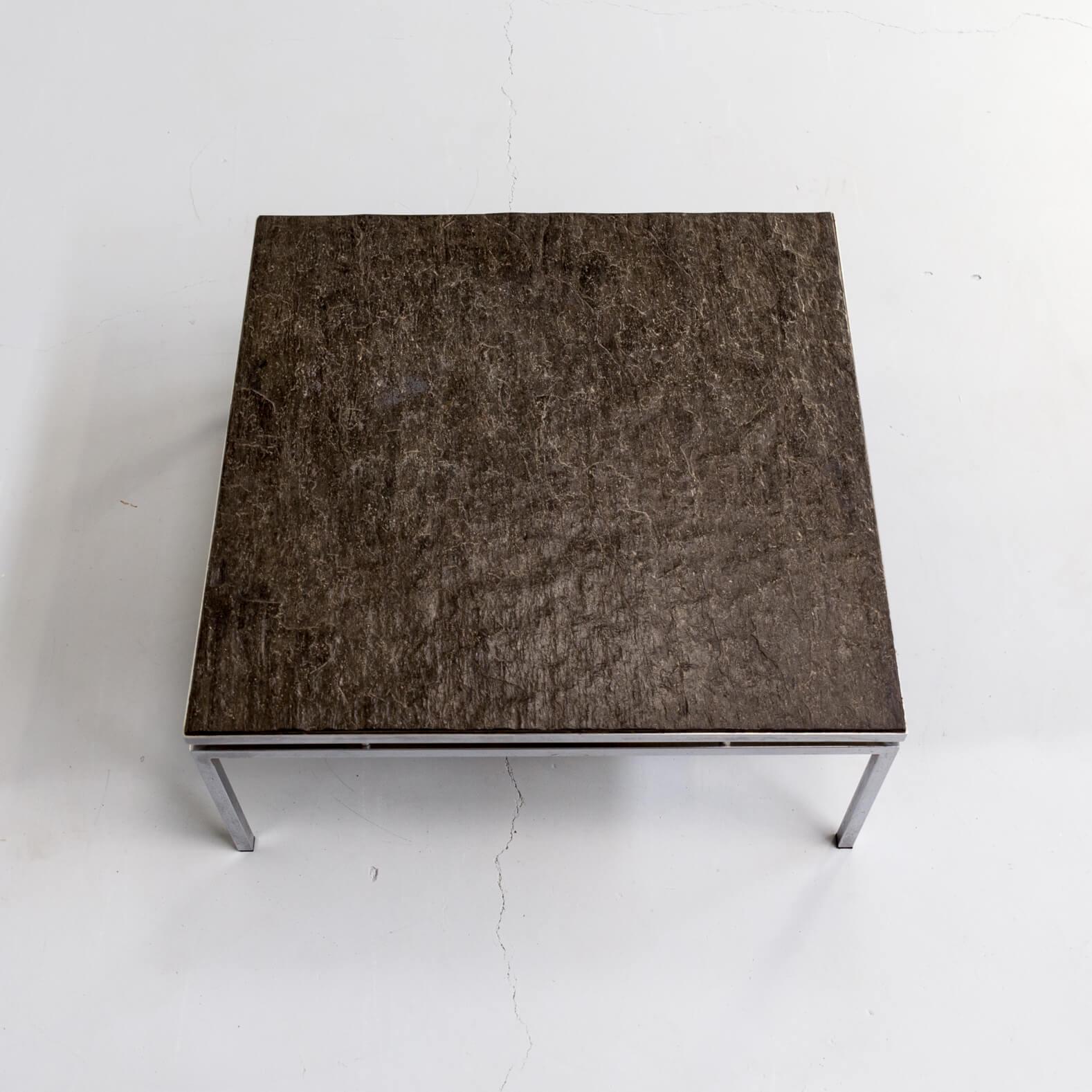 1980s Square Chromed Metal Framed Coffee Table with Slate Worktop For Sale 1