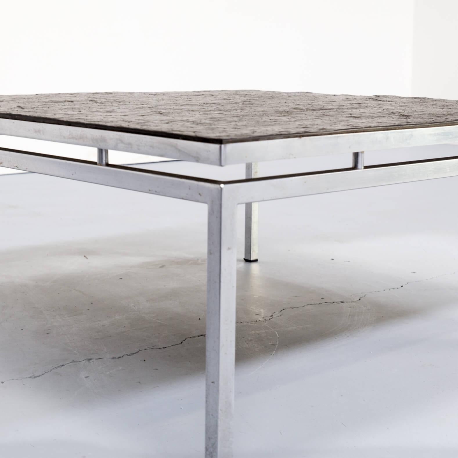 1980s Square Chromed Metal Framed Coffee Table with Slate Worktop For Sale 2
