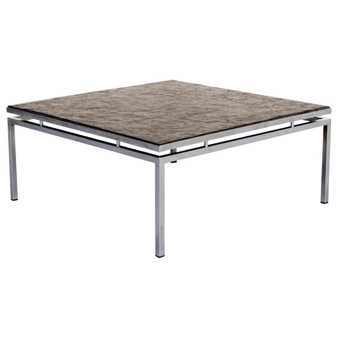 1980s Square Chromed Metal Framed Coffee Table with Slate Worktop For Sale