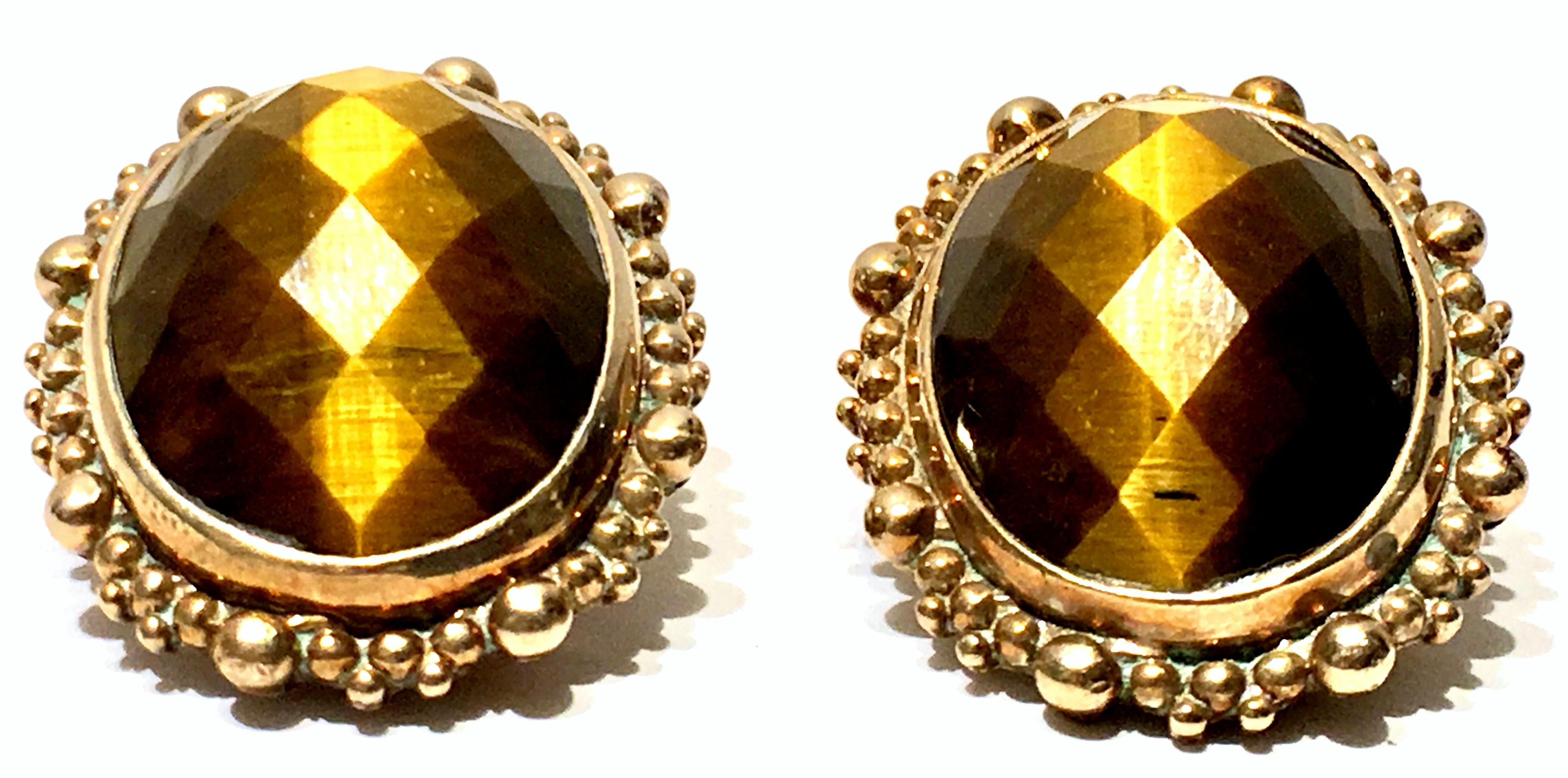Cabochon 80'S Stephen Dweck Sterling 925 Silver Vermeil and Tiger's Eye Earring For Sale
