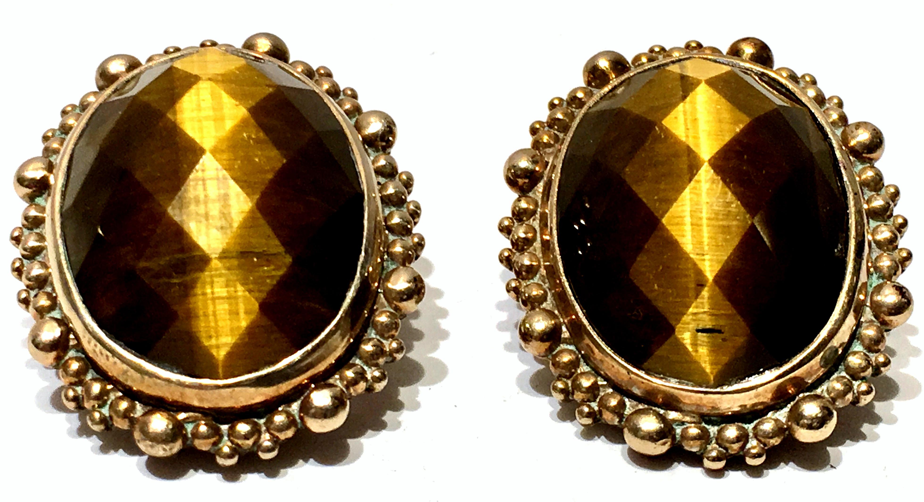 80'S Stephen Dweck Sterling 925 Silver Vermeil and Tiger's Eye Earring In Good Condition For Sale In West Palm Beach, FL