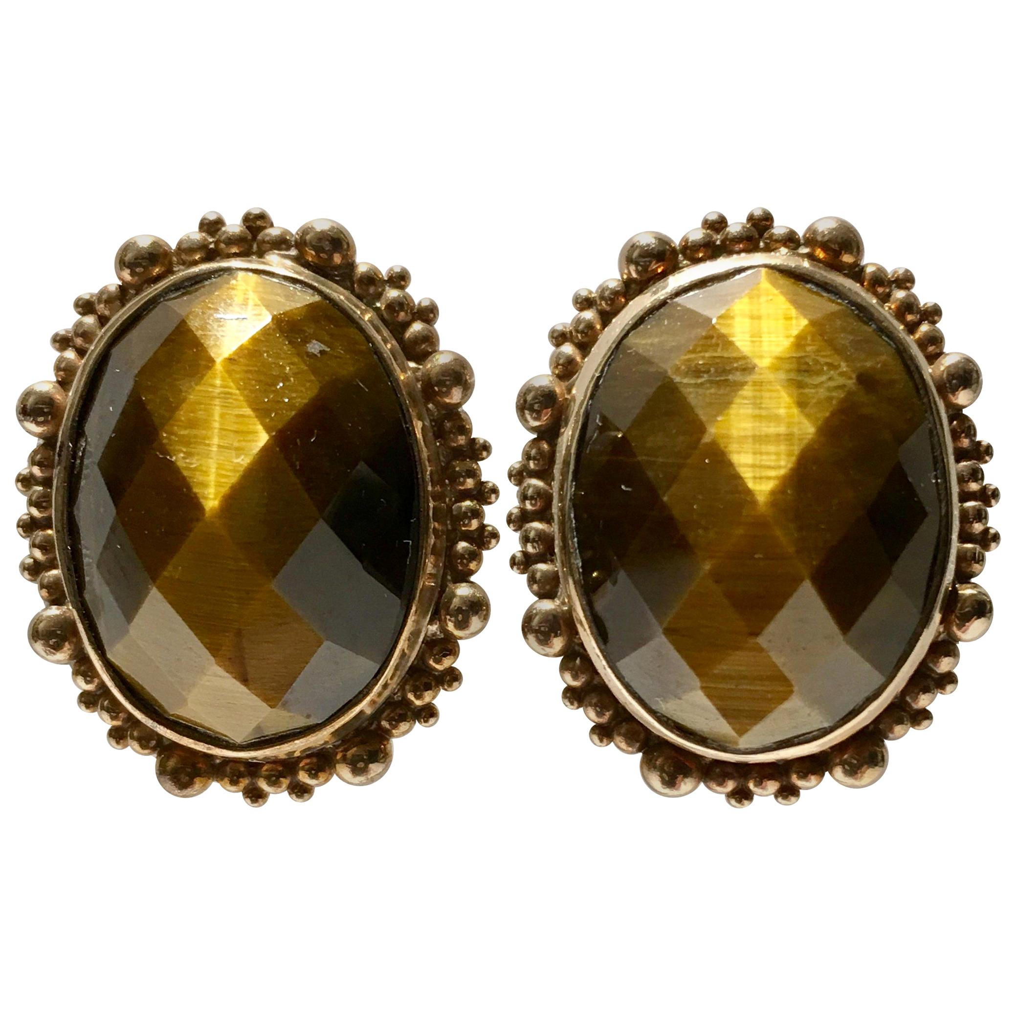 80'S Stephen Dweck Sterling 925 Silver Vermeil and Tiger's Eye Earring For Sale