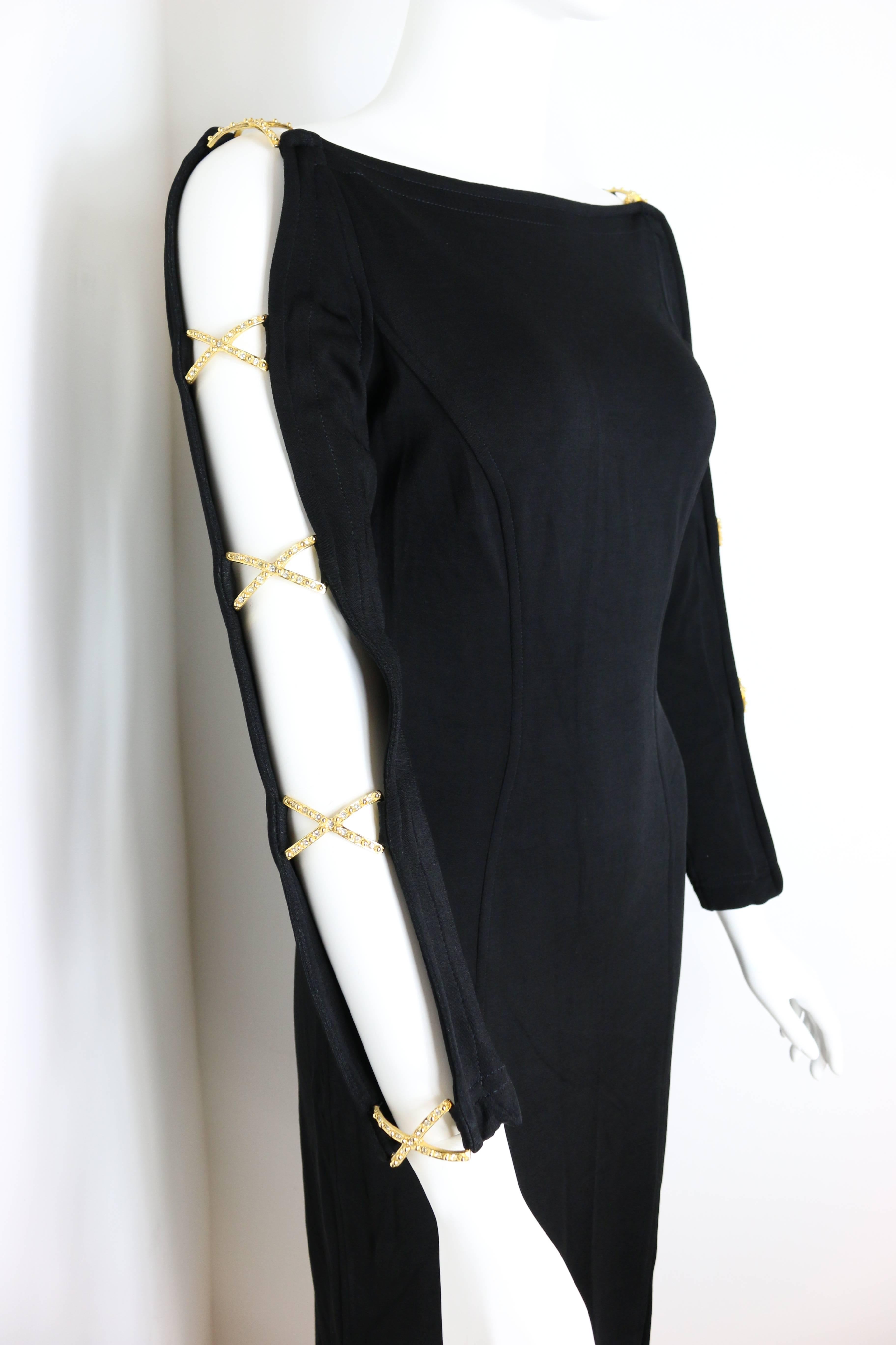 80s Style Black Jersey Gold Hardware RhineStones Cross Long Dress  In Excellent Condition For Sale In Sheung Wan, HK