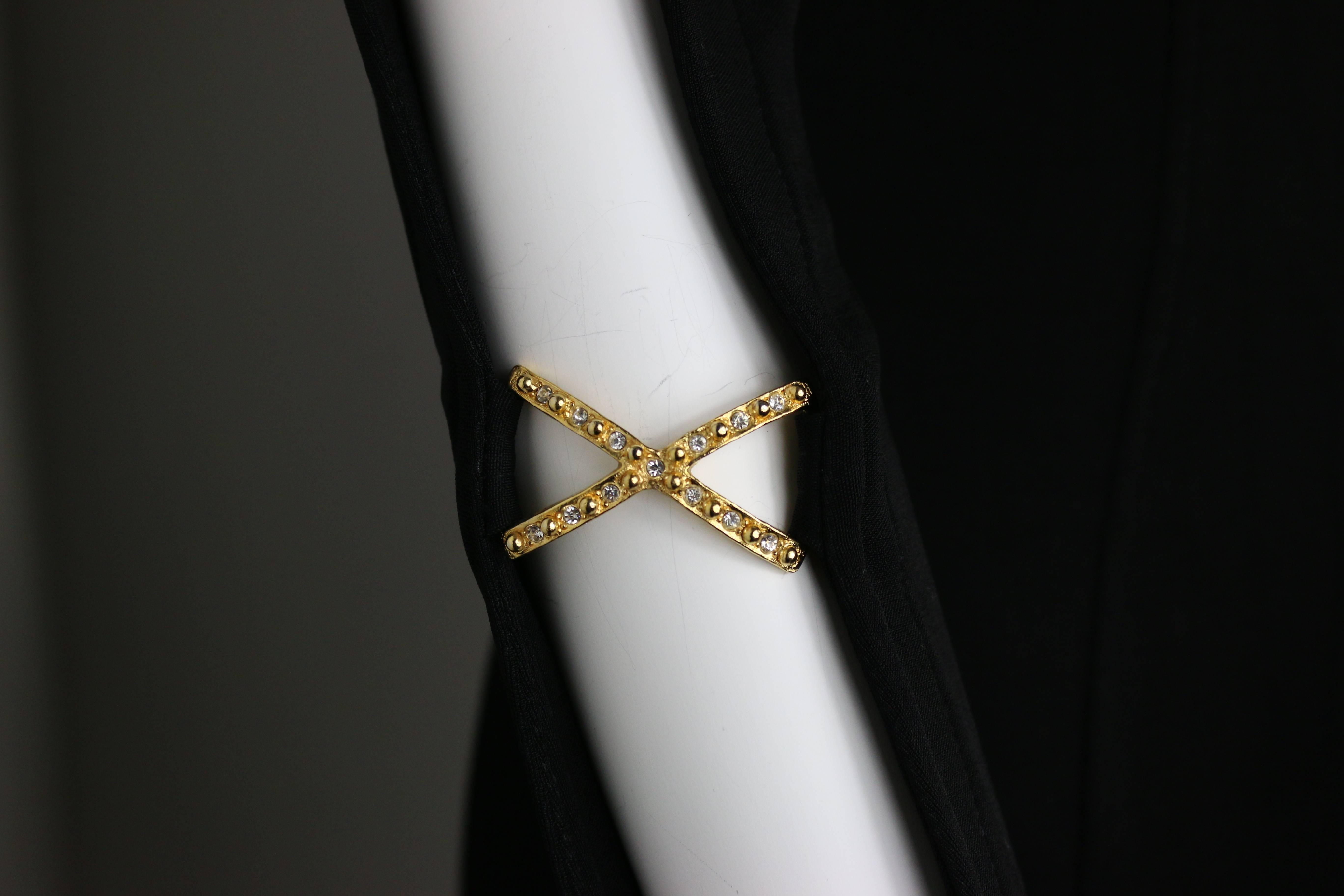 Women's 80s Style Black Jersey Gold Hardware RhineStones Cross Long Dress  For Sale