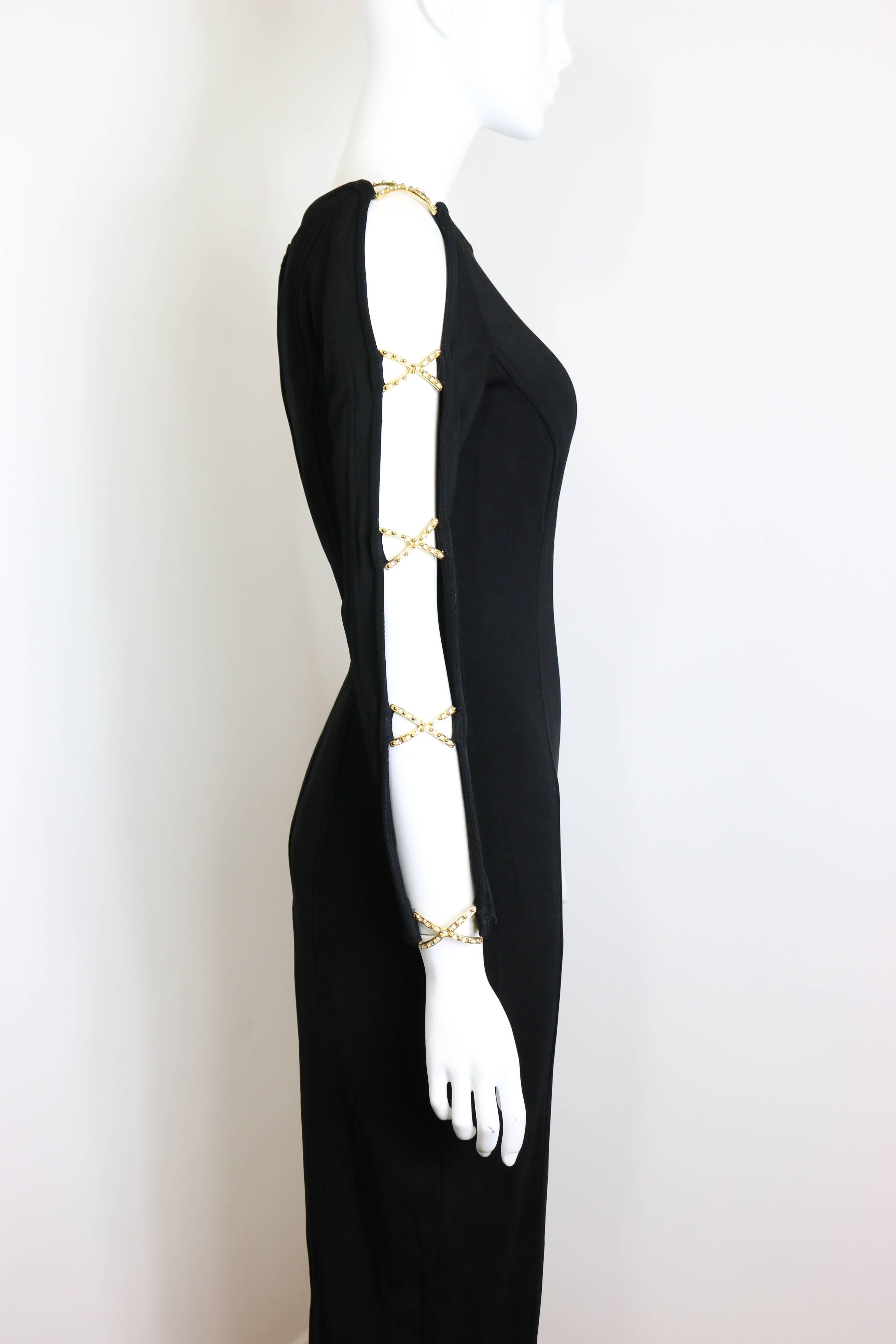 80s Style Black Jersey Gold Hardware RhineStones Cross Long Dress  For Sale 1