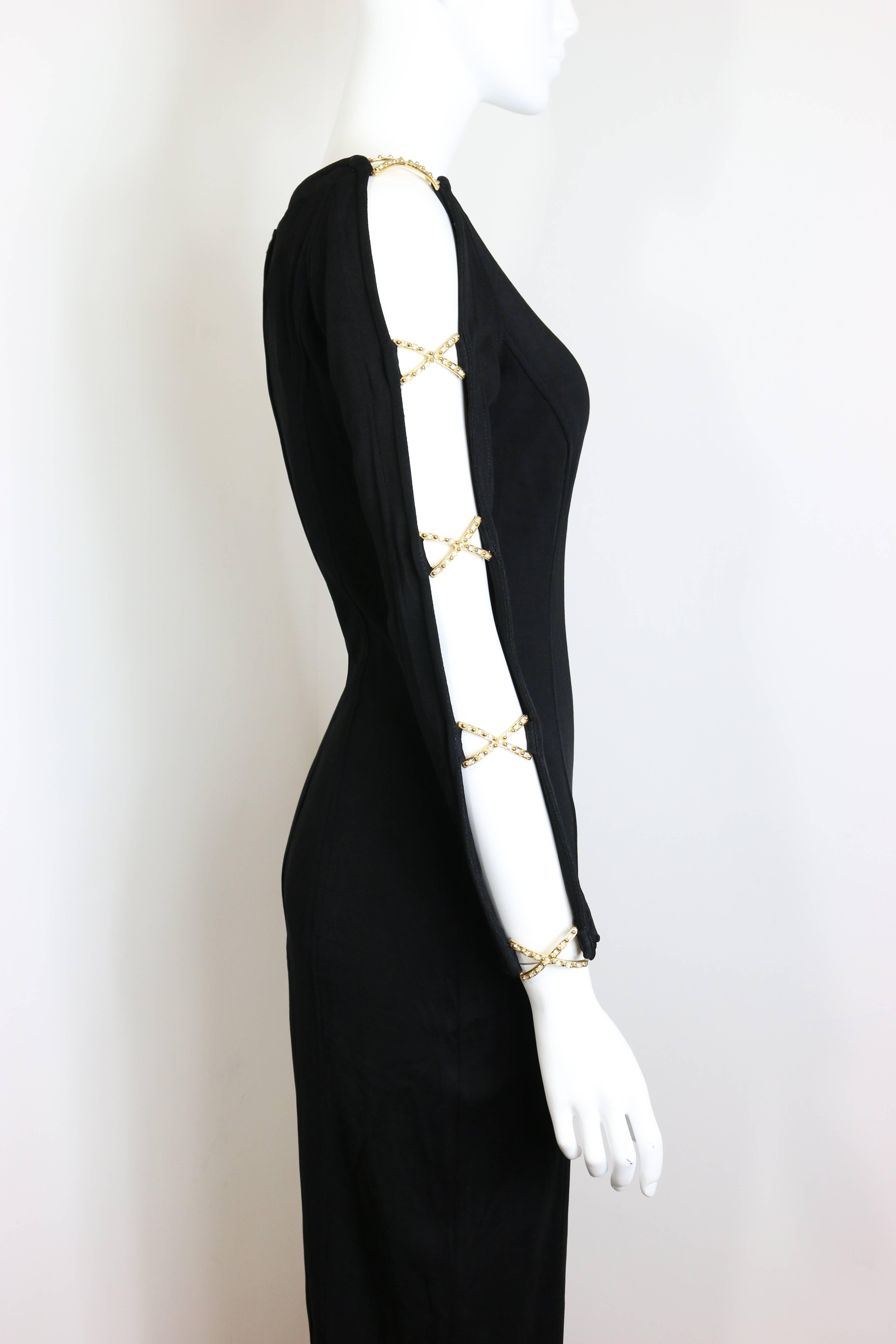 80s Style Black Jersey Gold Hardware RhineStones Cross Long Dress  For Sale 2