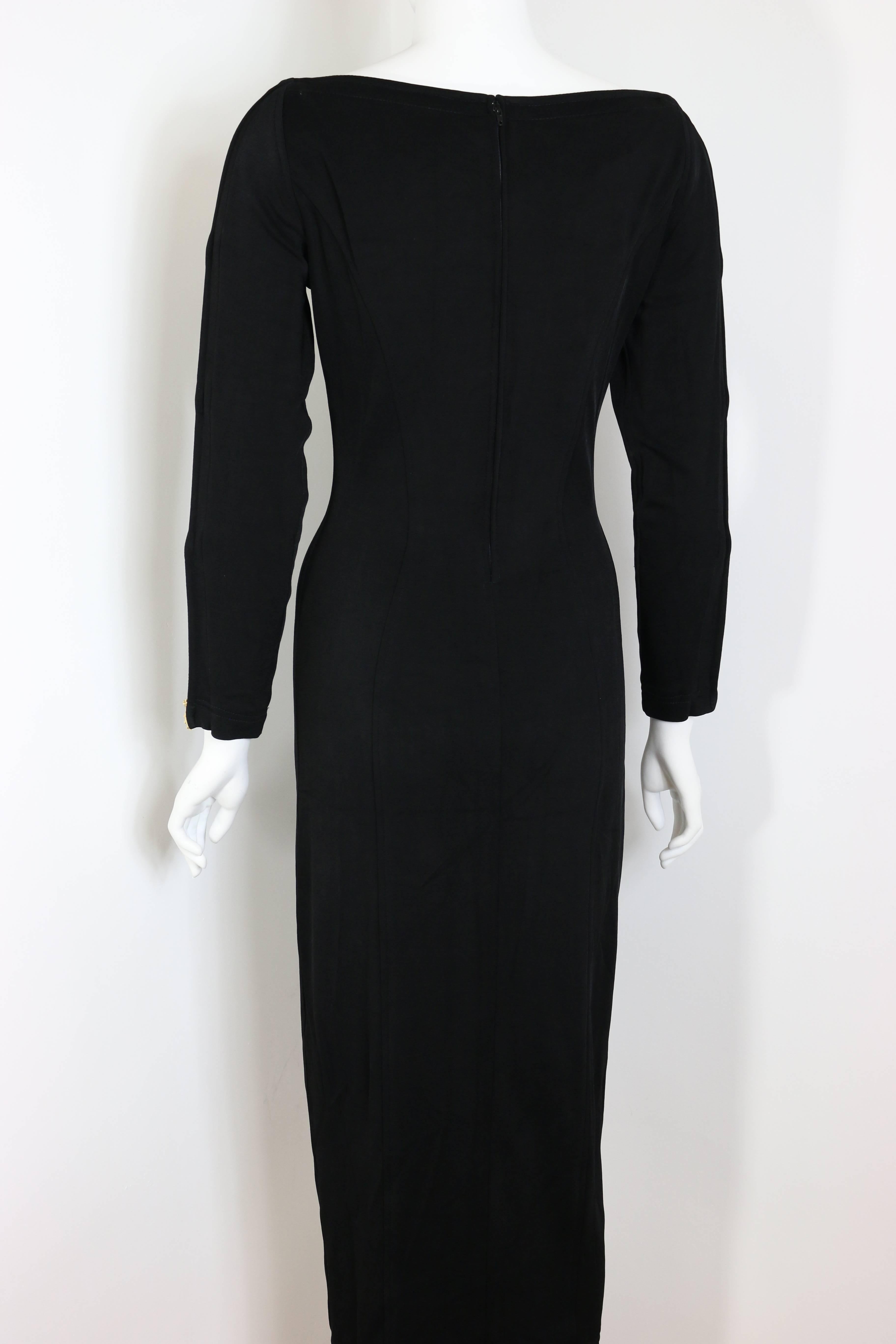 80s Style Black Jersey Gold Hardware RhineStones Cross Long Dress  For Sale 3