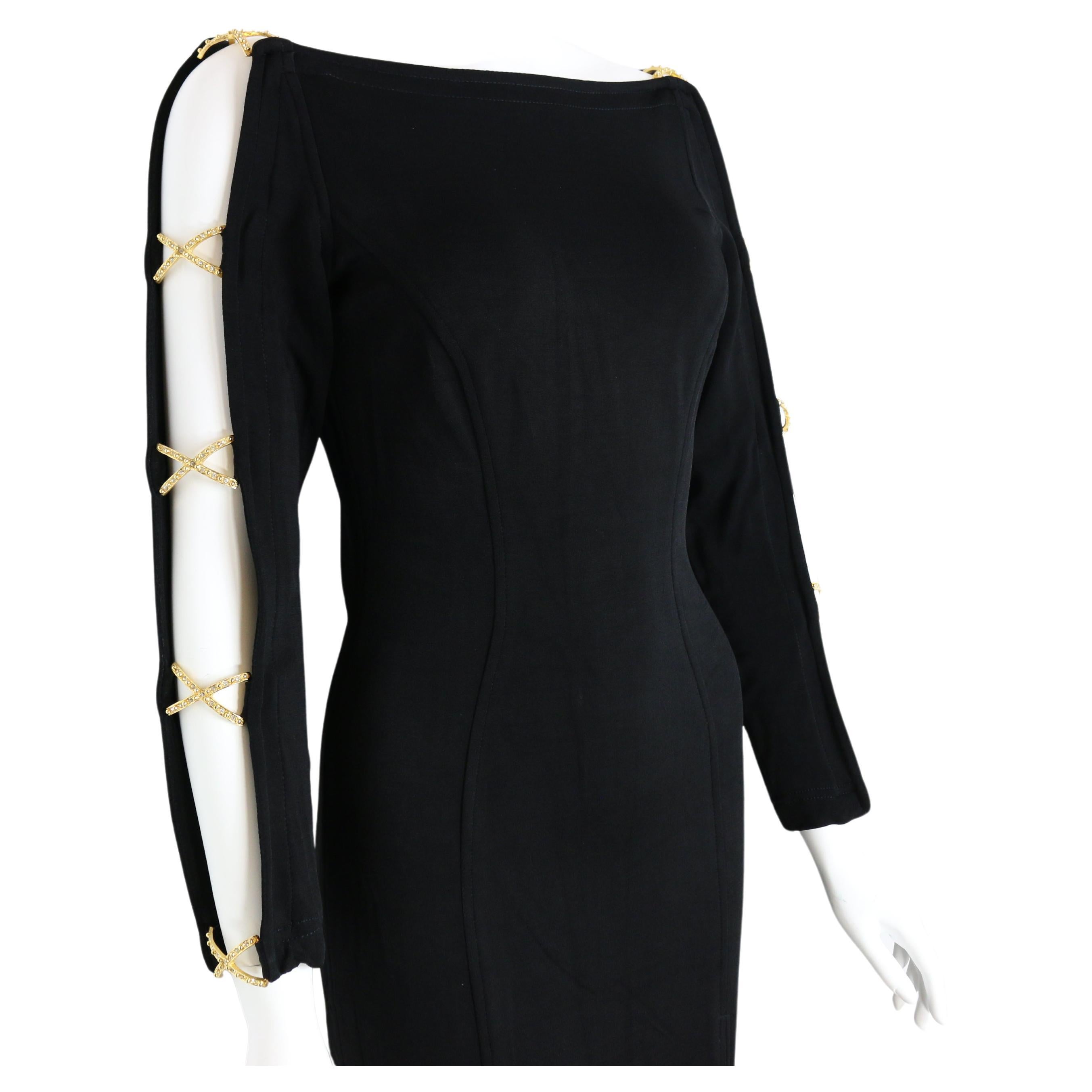 80s Style Black Jersey Gold Hardware RhineStones Cross Long Dress  For Sale