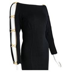 Vintage 80s Style Black Jersey Gold Hardware RhineStones Cross Long Dress 