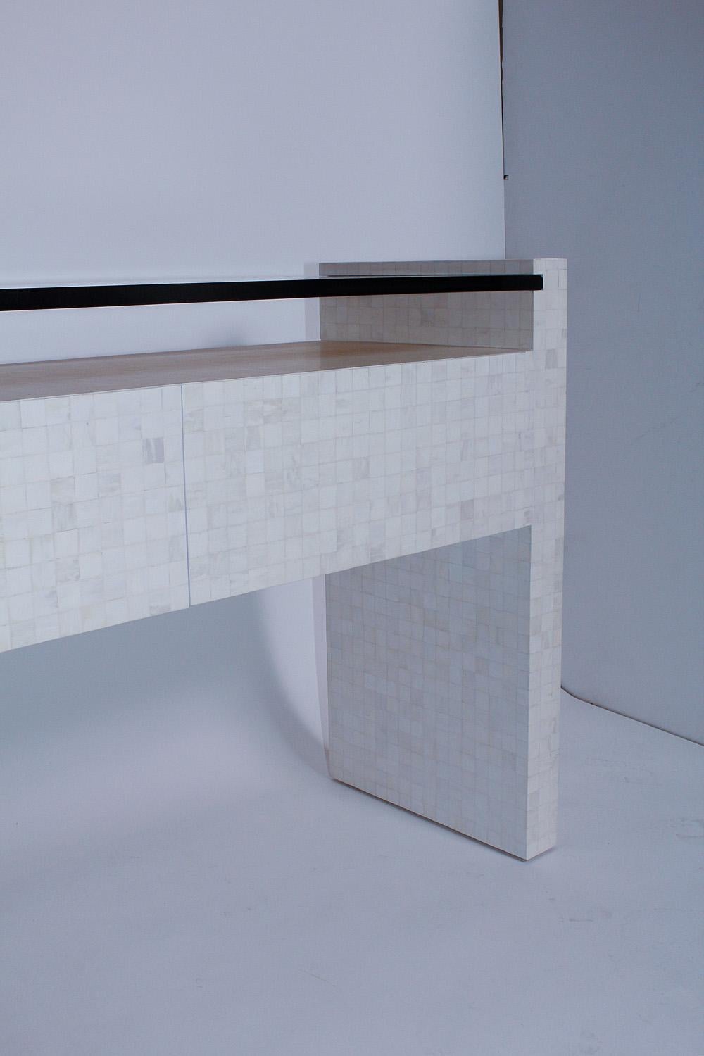 Hand-Crafted 1980s Tessellated Bone Console with Amber Glass Top