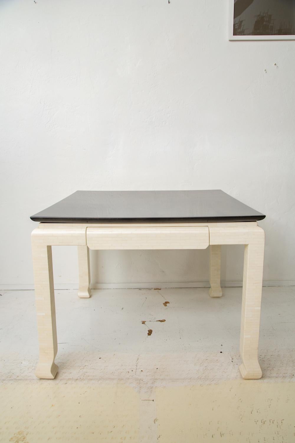 Modern 80's Tessellated Bone Game Table with Dark Green Goatskin Top by Enrique Garces For Sale