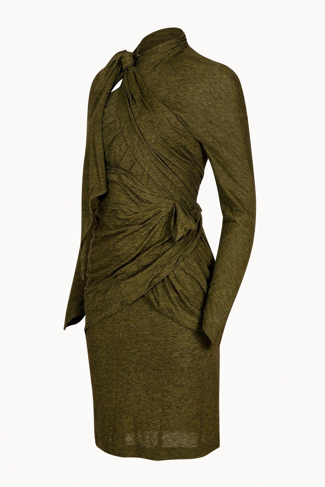 80s Thierry Mugler green rushed corseted dress. Features bodycon shape, stretchy wool material, and pleating/rush allover