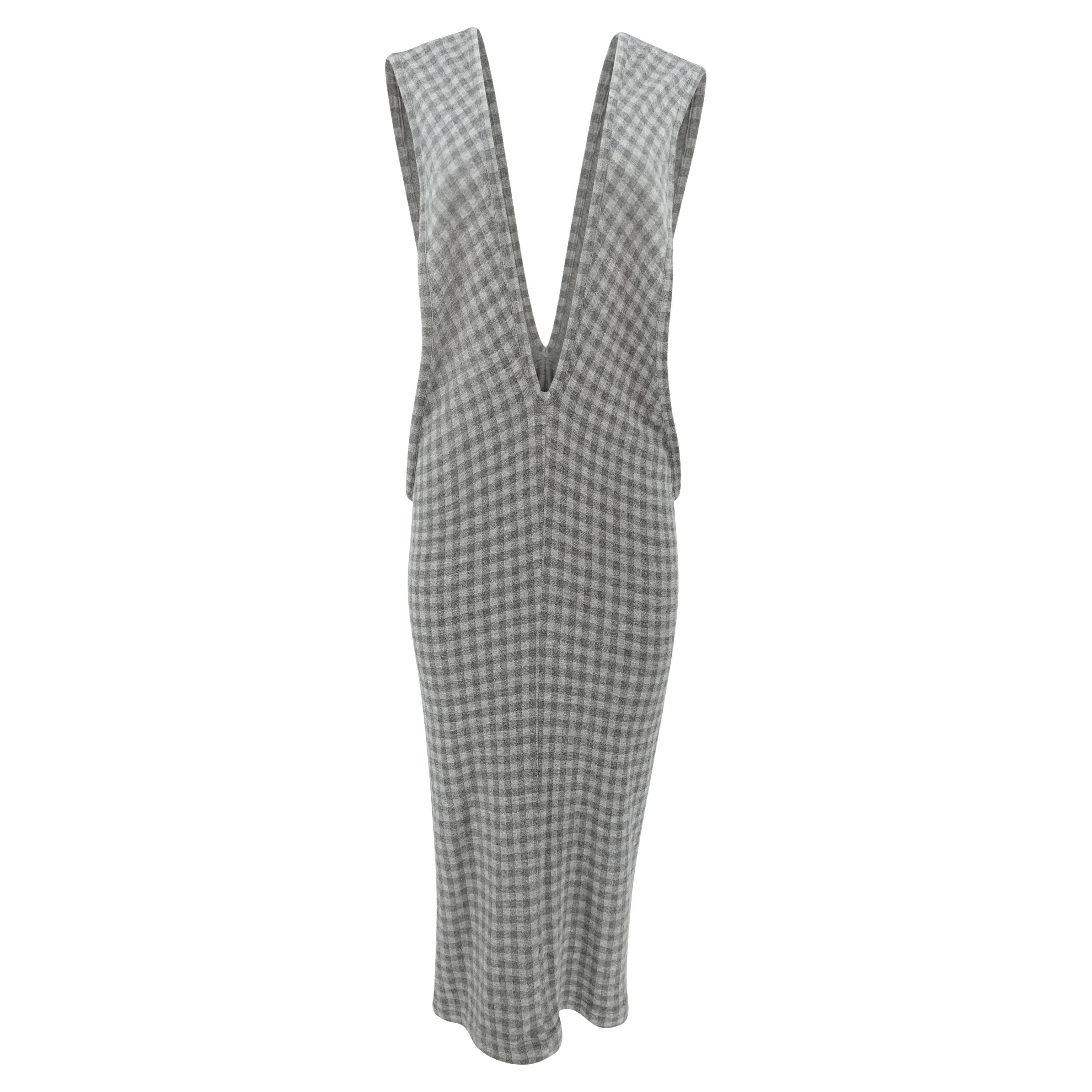 80's Tricot Comme des Garçons Grey Gingham Wool Blend Plunge Maxi Dress